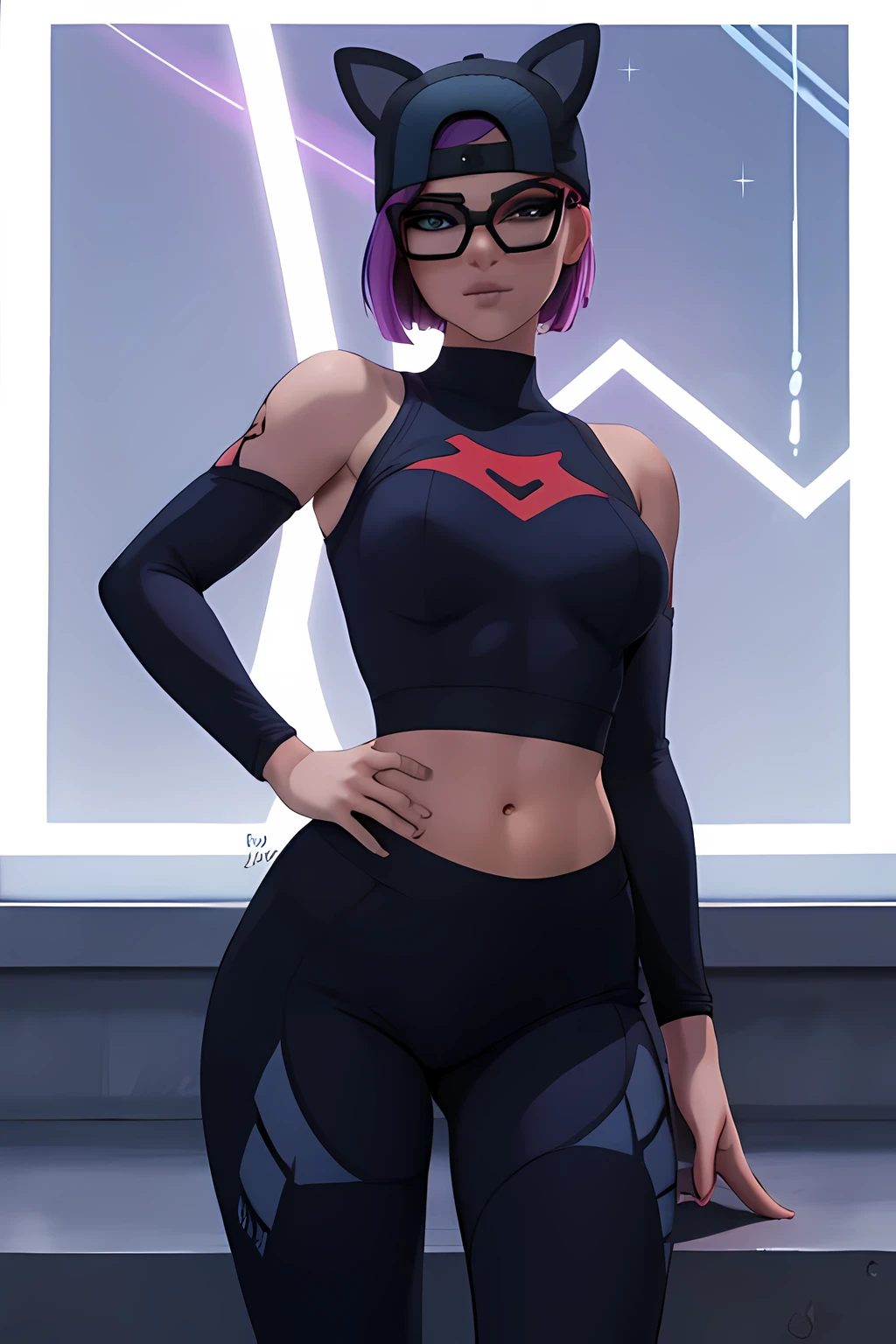 lince, gafas, gorra , Azul y Gris shorts con leggins, guantes sin dedos, sentada, Noche, Extremadamente detallado, rostro detallado ,hermoso rostro, ojos finos, mirando al espectador, pose femenino.