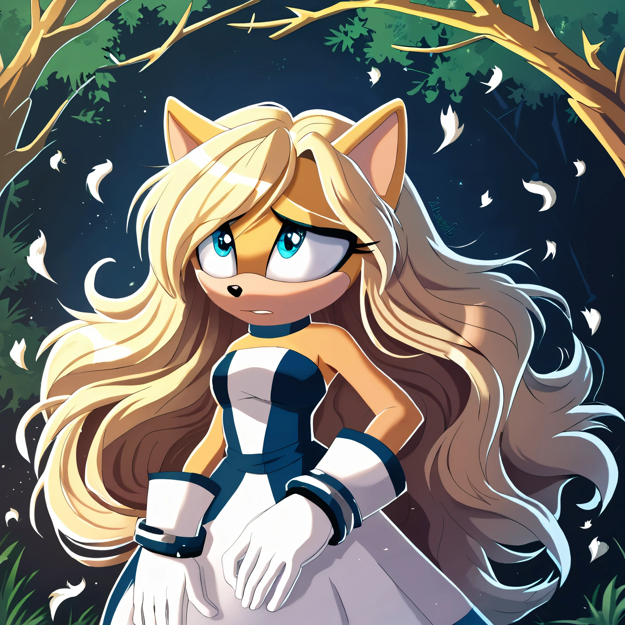 score_9, score_8_up, score_7_up, ((Masterpiece)), high quality, studio quality, 1girl, Female, mobian, ((hedgehog)), 1girl, solo, forest background, blonde fur, long hair, blue irises, hair bangs, beautiful young woman Venomized, long strabarry blonde hair, soft blue eyes with a hint of mystery, wearing Venom Symbiote Suit/dress, fluffy white mane, fluffy white cuffs, normal amount of fingers, looking down at herself with a sad/scared expression, innocently scared look