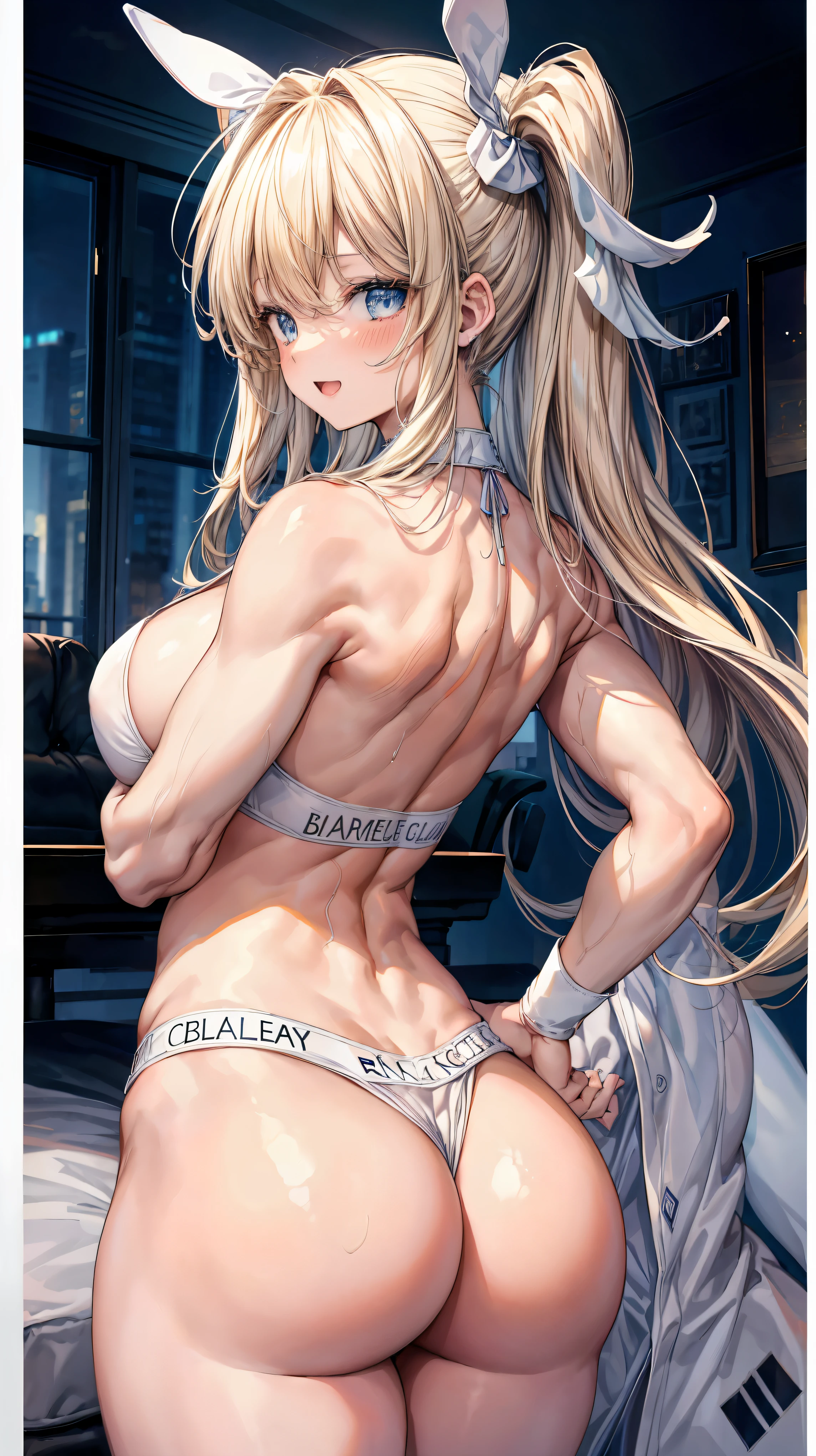 Super detailed、highest quality、Best image quality、masterpiece、8K、Sparkling Blue Eyes、Anime Face、A kind smile、Open Mouth、(Blonde Curly Hair)、(SFW huge body)、(((Rear view)))、Cowboy Shot、(Wearing a white thong:1.5)、Muscles of the whole body、Wearing a black headband、Kneel on the sofa、Place your hands on your hips、(Turn around here)
