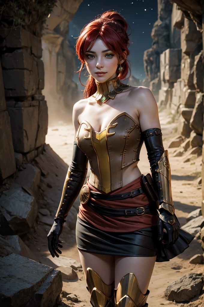 stunning girlfriend, heart shaped face, elegant face, beautiful face, highly detailed face, highly detailed skin, skin pores, subsurface scattering, realistic pupils, full lips, detailed background, depth of field, atmospheric perspective, volumetric lighting, sharp focus, absurdres, realistic proportions, good anatomy, (realistic, hyperrealistic:1.4), 16k hdr, ((best quality)), ((highly detailed)), absurdres, (detailed eyes, deep eyes), (1girl), full body, pyrrha nikos, rwby, red hair, ponytail, green eyes, medium breasts, smile, circlet, bustier, bare shoulders, skirt, elbow gloves, bracers, armored boots, night, stars, moonlight, standing, in entrance to cave, underground lake, rocks, crowd