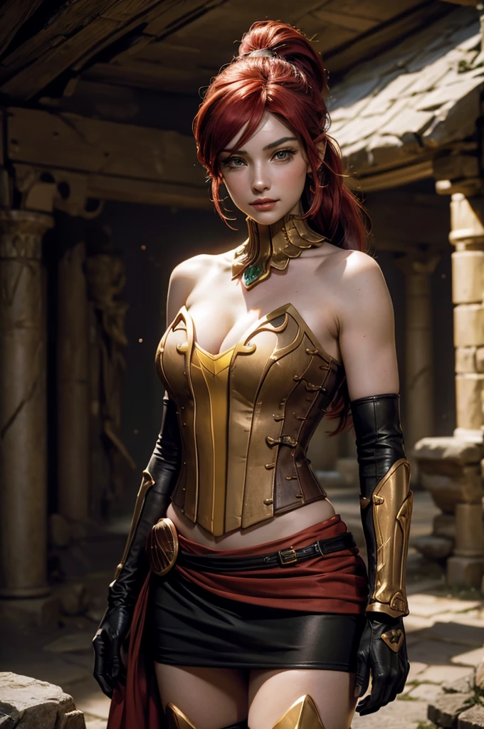 stunning girlfriend, heart shaped face, elegant face, beautiful face, highly detailed face, highly detailed skin, skin pores, subsurface scattering, realistic pupils, full lips, detailed background, depth of field, atmospheric perspective, volumetric lighting, sharp focus, absurdres, realistic proportions, good anatomy, (realistic, hyperrealistic:1.4), 16k hdr, ((best quality)), ((highly detailed)), absurdres, (detailed eyes, deep eyes), (1girl), full body, pyrrha nikos, rwby, red hair, ponytail, green eyes, medium breasts, smile, circlet, bustier, bare shoulders, skirt, elbow gloves, bracers, armored boots, night, stars, moonlight, standing, in entrance to cave, underground lake, rocks, crowd