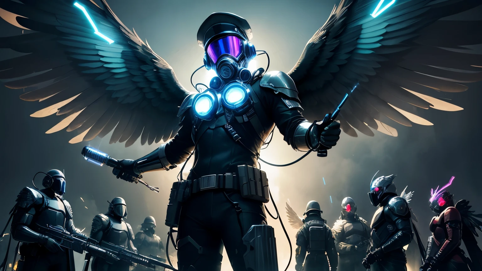 Male angel knight with divine aura wearing cybernetic military boss clothes and hat, and holding a flamethrower (neon lights), face hidden behind a gas mask, eagle wings (((2 wings))), battlefield and squad scenario, dinamic pose, high quality, view from below
