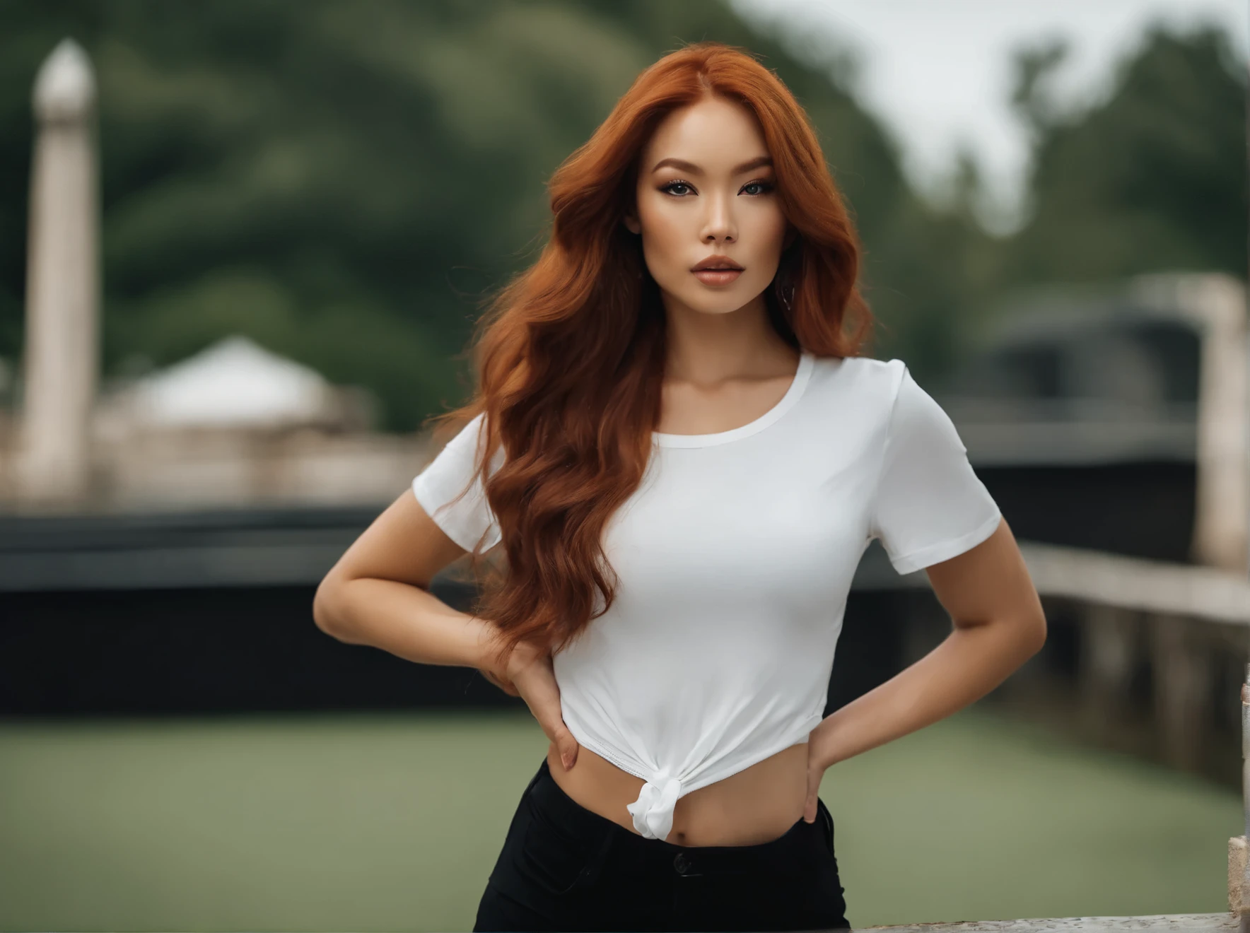 A beautiful young woman with long red hair, with high cheekbones, round lips, and a round face shape. She has Korean American racial features, medium-sized breasts, and deep blue eyes. The photo appears to be from a social media photo shoot in the style of an Instagram model or influencer. Dressed in a knotted black tee that showcases her midriff and matching vivid black bikini bottoms, she exudes a casual confidence.