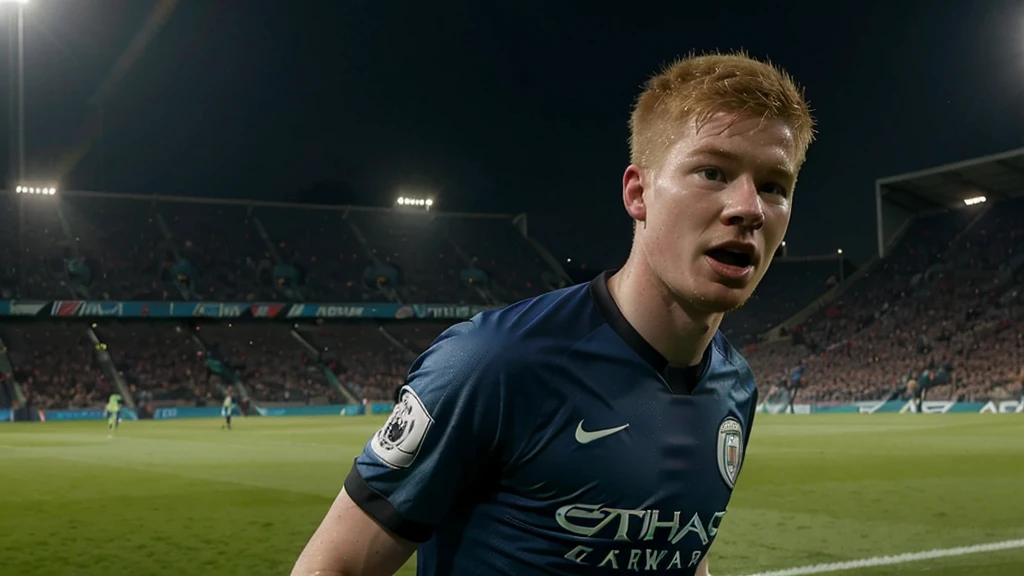 Kevin De Bruyne, comemorando um gol, background, campo de futebol, torcedores ao fundo, realista, manchester city, gritando, intenso, vibrando
