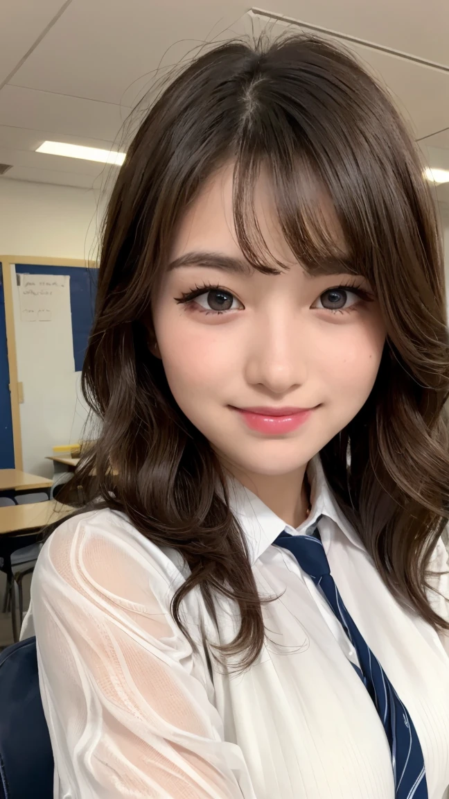 Realistic, masterpiece, highest quality, Highest Resolution, One Japan , 16 years old, Upper body photo, She narrowed her eyes.、Looking at me with a shy smile, Laughing with your mouth open, How to draw beautiful and detailed eyes, (Droopy eyes:1.3), Dark Eyes, Thin eyebrows, Draw eyelashes carefully, I can see some teeth, Gal Makeup, (Brown and white wavy hair with white mesh, Long Hair, middle part:1.3), (Hidden eyelid wrinkles:1.3), He's wearing a neat white button-up shirt.., She is wearing a short, grey, checked pleated skirt., A was photographed diagonally from below, School classroom