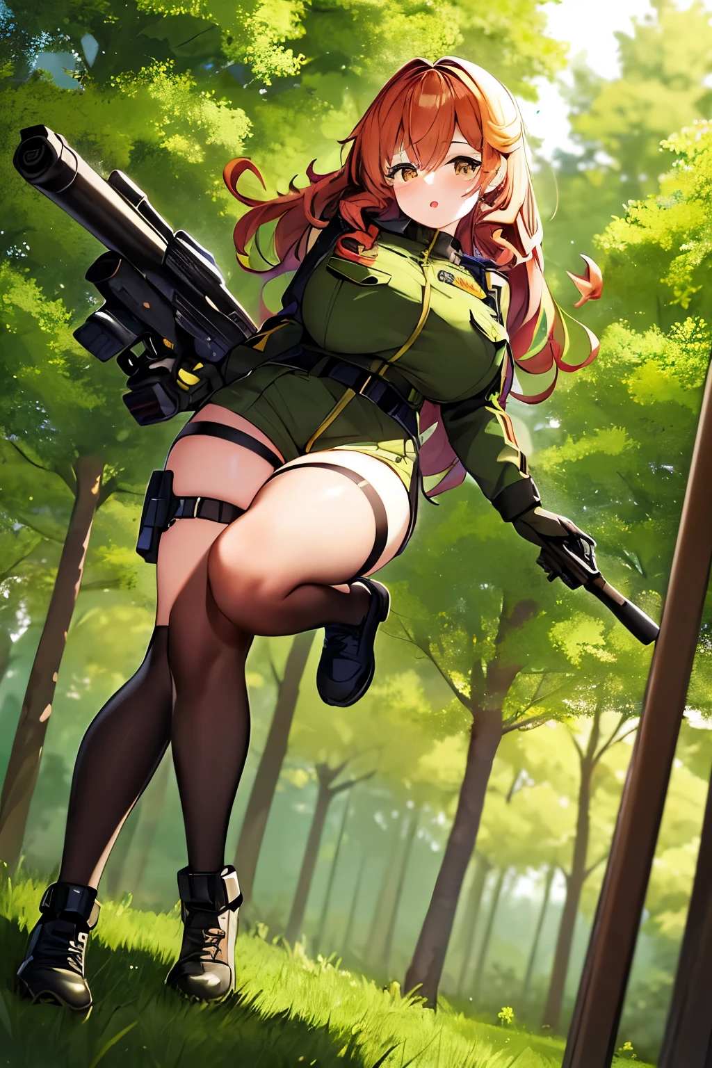 1 girl, military style, full body portrait, chubby figure, large breasts, ample derriere, yellow big eyes that sparkle with determination, right mechanical arm equipped with a gun, red curly hair, solo pose amidst a forest backdrop, ultra-detailed anime artstyle, 9:16 aspect ratio.