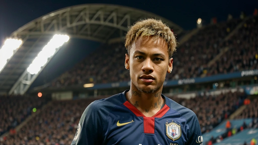Neymar jr, comemorando um gol, background, campo de futebol, torcedores ao fundo, realista, manchester city, gritando, intenso, vibrando
