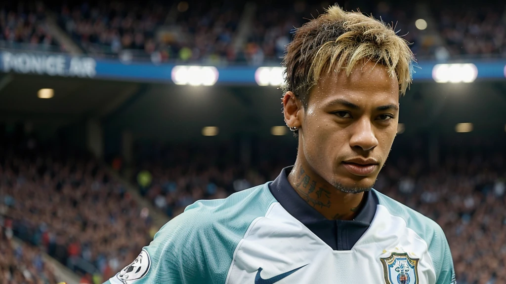 Neymar jr, comemorando um gol, background, campo de futebol, torcedores ao fundo, realista, manchester city, gritando, intenso, vibrando
