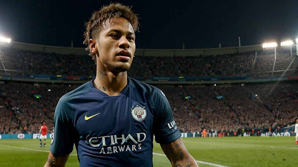Neymar jr, comemorando um gol, background, campo de futebol, torcedores ao fundo, realista, manchester city, gritando, intenso, vibrando