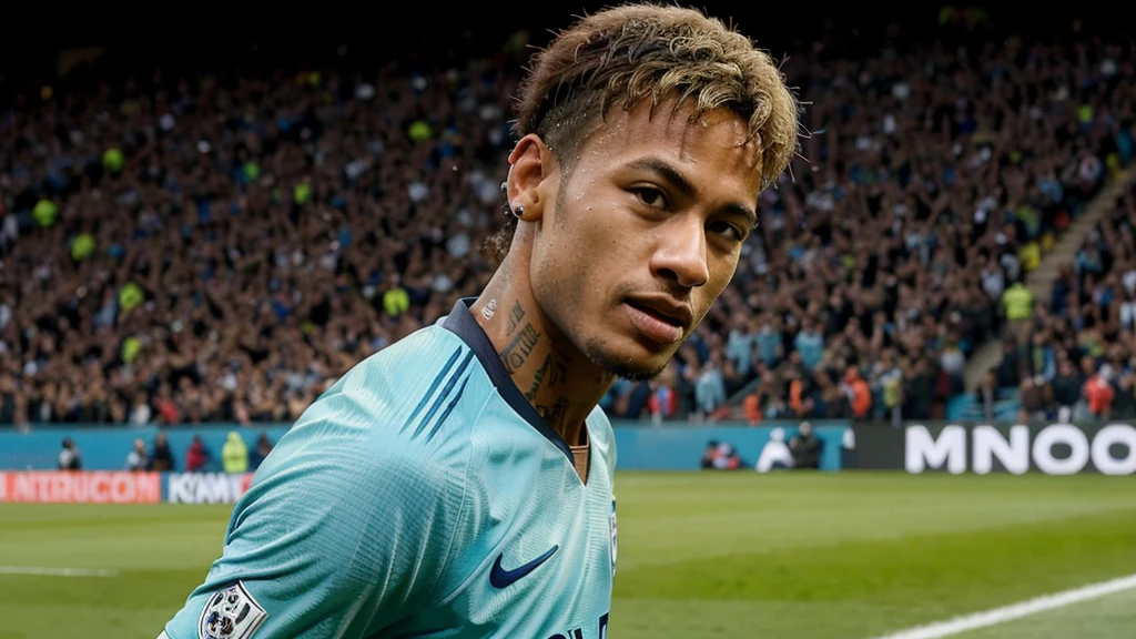 Neymar jr, comemorando um gol, background, campo de futebol, torcedores ao fundo, realista, manchester city, gritando, intenso, vibrando