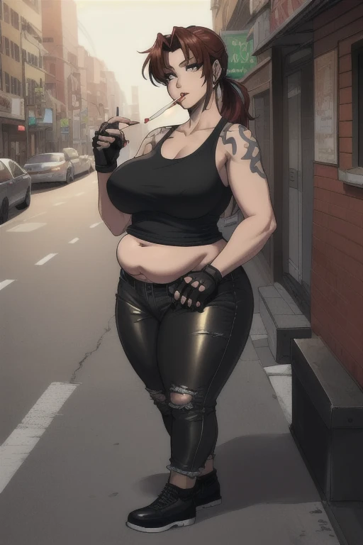 (masterpiece、highest quality:1.2), solo, anime woman, revy, 42-year-old, mature woman, milf, (Chubby figure:1.5), expressionless, ponytail, (Wearing: red tank top, fingerless gloves, black leather pants) cigarette, smoking, looking at the viewer, Sidewalks in the city
