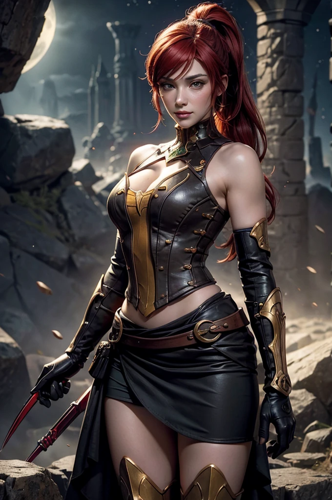 stunning girlfriend, heart shaped face, elegant face, beautiful face, highly detailed face, highly detailed skin, skin pores, subsurface scattering, realistic pupils, full lips, detailed background, depth of field, atmospheric perspective, volumetric lighting, sharp focus, absurdres, realistic proportions, good anatomy, (realistic, hyperrealistic:1.4), 16k hdr, ((best quality)), ((highly detailed)), absurdres, (detailed eyes, deep eyes), (1girl), full body, pyrrha nikos, rwby, red hair, ponytail, green eyes, medium breasts, smile, circlet, bustier, bare shoulders, skirt, elbow gloves, bracers, armored boots, night, stars, moonlight, standing, in entrance to cave, underground lake, rocks, crowd