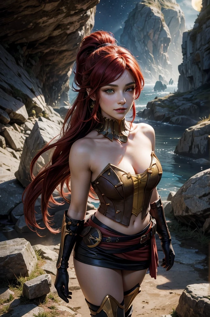 stunning girlfriend, heart shaped face, elegant face, beautiful face, highly detailed face, highly detailed skin, skin pores, subsurface scattering, realistic pupils, full lips, detailed background, depth of field, atmospheric perspective, volumetric lighting, sharp focus, absurdres, realistic proportions, good anatomy, (realistic, hyperrealistic:1.4), 16k hdr, ((best quality)), ((highly detailed)), absurdres, (detailed eyes, deep eyes), (1girl), full body, pyrrha nikos, rwby, red hair, ponytail, green eyes, medium breasts, smile, circlet, bustier, bare shoulders, skirt, elbow gloves, bracers, armored boots, night, stars, moonlight, standing, in entrance to cave, underground lake, rocks, crowd