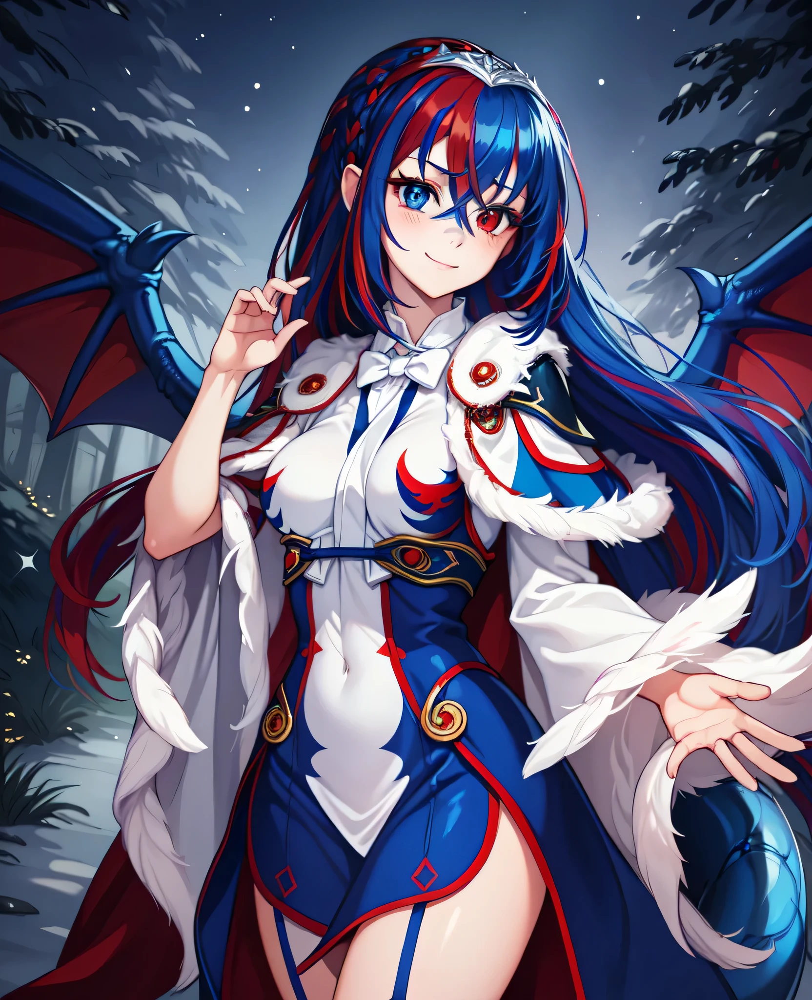 (masterpiece, highres, best quality), best hands, 1girl, solo, aleardef, ((heterochromia, red eye, blue eye)), ((blue dragon tail)), ((blue dragon wings)), ((white dragon ears)), detailed eyes, long sleeves, blue hair, red hair, multicolored hair, glossy lips, medium breast, long hair, wearing an enchanting white red and blue feather gown with fur trim, capelet, lace headdress, small smile, bewitching smile, mouth closed, looking at viewer, cowboy shot, particle effects, sparkles, (((nighttime))), ((fae forest)), backlighting