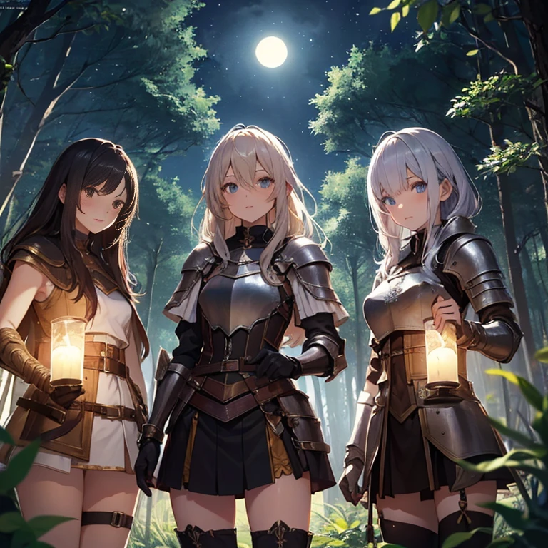 A group of female medieval fantasy adventurers, (in forest), various hair styles, harem, night, details face, short skirt, seducing, sleeveless, armor