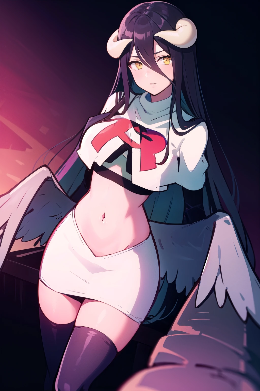 albedow, albedowings, medium breasts, long black hair, yellow eyes, looking at viewer, parted lips, cowbot shot, team rocket,team rocket uniform,white skirt,red letter R,crop top,black thigh-highs