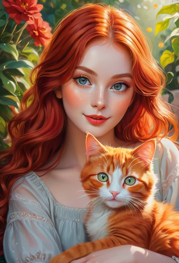 red-haired girl with a red cat, (best quality, masterpieces, ultra-detailed), beautiful detailed eyes, beautiful detailed lips, longeyelashes, vibrant colors, illustrative style, oil painting texture, flowing red hair, cozy garden background, soft sunlight, lively expression, joyful interaction with the cat, dynamic pose, realistic rendering.