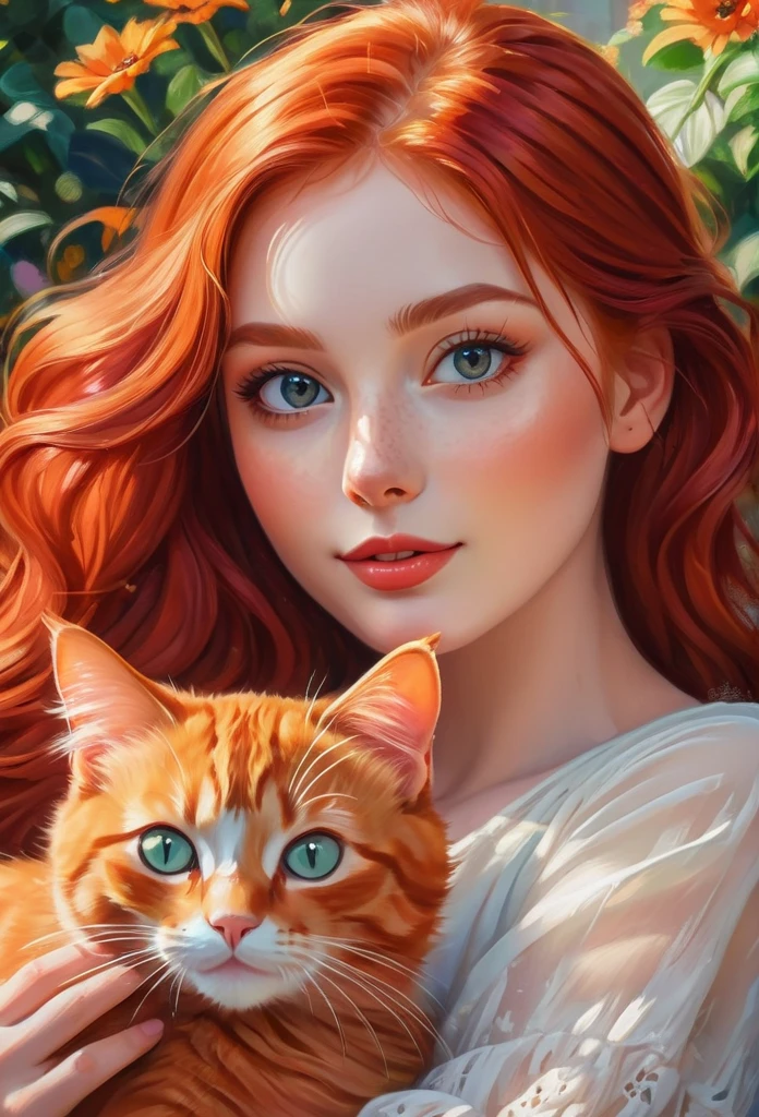 red-haired girl with a red cat, (best quality, masterpieces, ultra-detailed), beautiful detailed eyes, beautiful detailed lips, longeyelashes, vibrant colors, illustrative style, oil painting texture, flowing red hair, cozy garden background, soft sunlight, lively expression, joyful interaction with the cat, dynamic pose, realistic rendering.