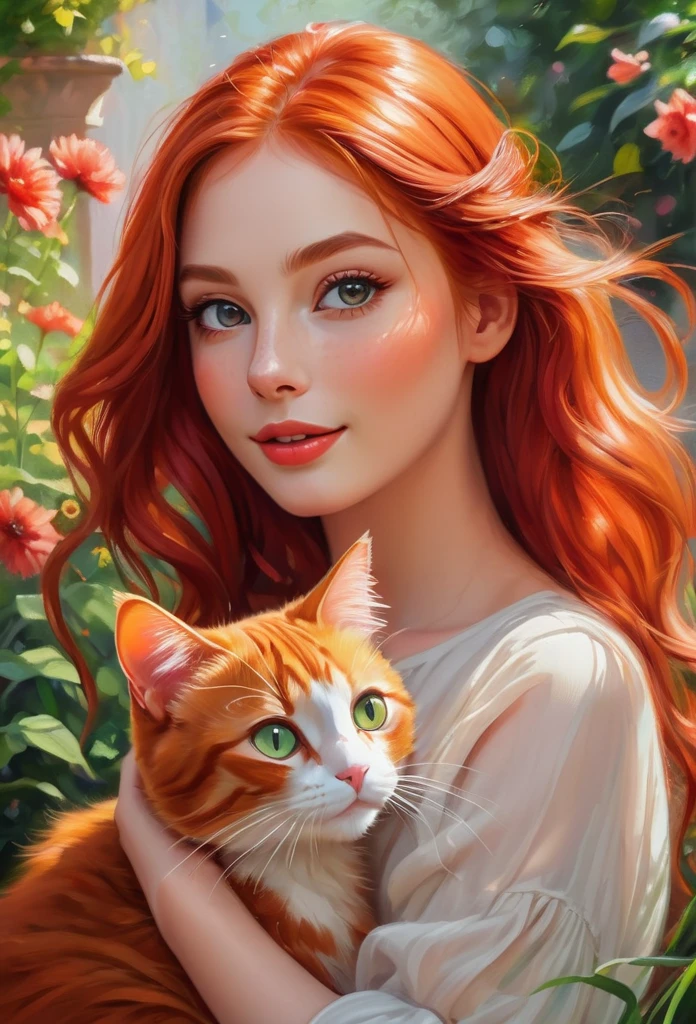 red-haired girl with a red cat, (best quality, masterpieces, ultra-detailed), beautiful detailed eyes, beautiful detailed lips, longeyelashes, vibrant colors, illustrative style, oil painting texture, flowing red hair, cozy garden background, soft sunlight, lively expression, joyful interaction with the cat, dynamic pose, realistic rendering.