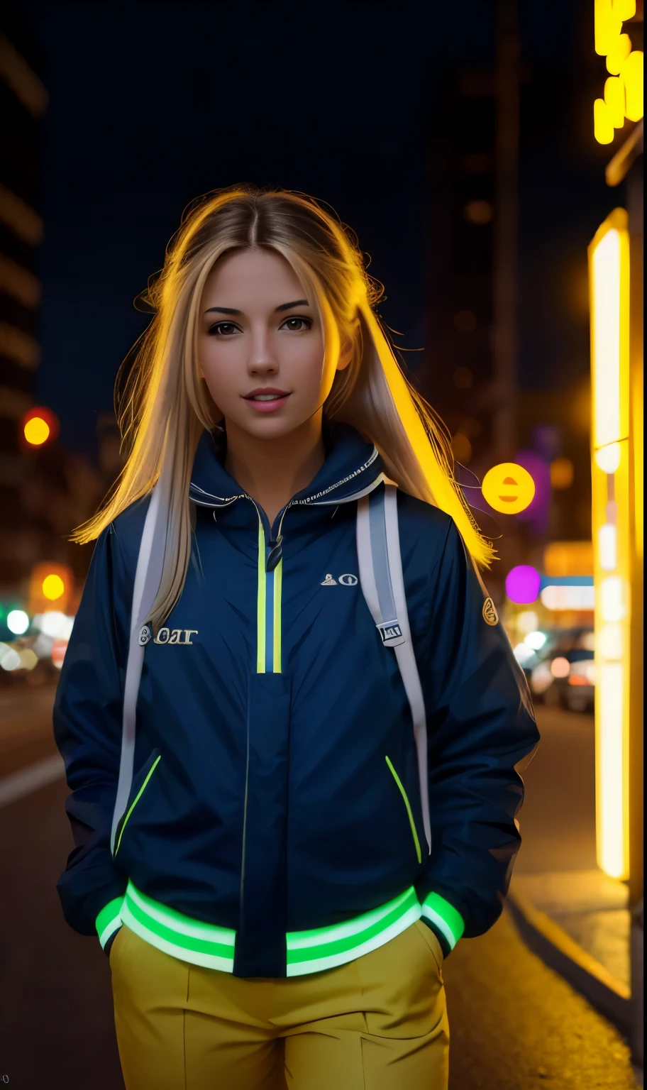 Una chica rubia con cabello rubio, con uniforme escolar, cabello largo, ojos azules, sonriendo, caminando por la calle de noche, anuncios luminosos, neon light reflections, estilo fotorrealista, maximum detail, textura de piel perfecta, high resolution, primer plano, high contrast lighting, professional lighting,  taken with a Sony Alpha III camera, lente de 50mm