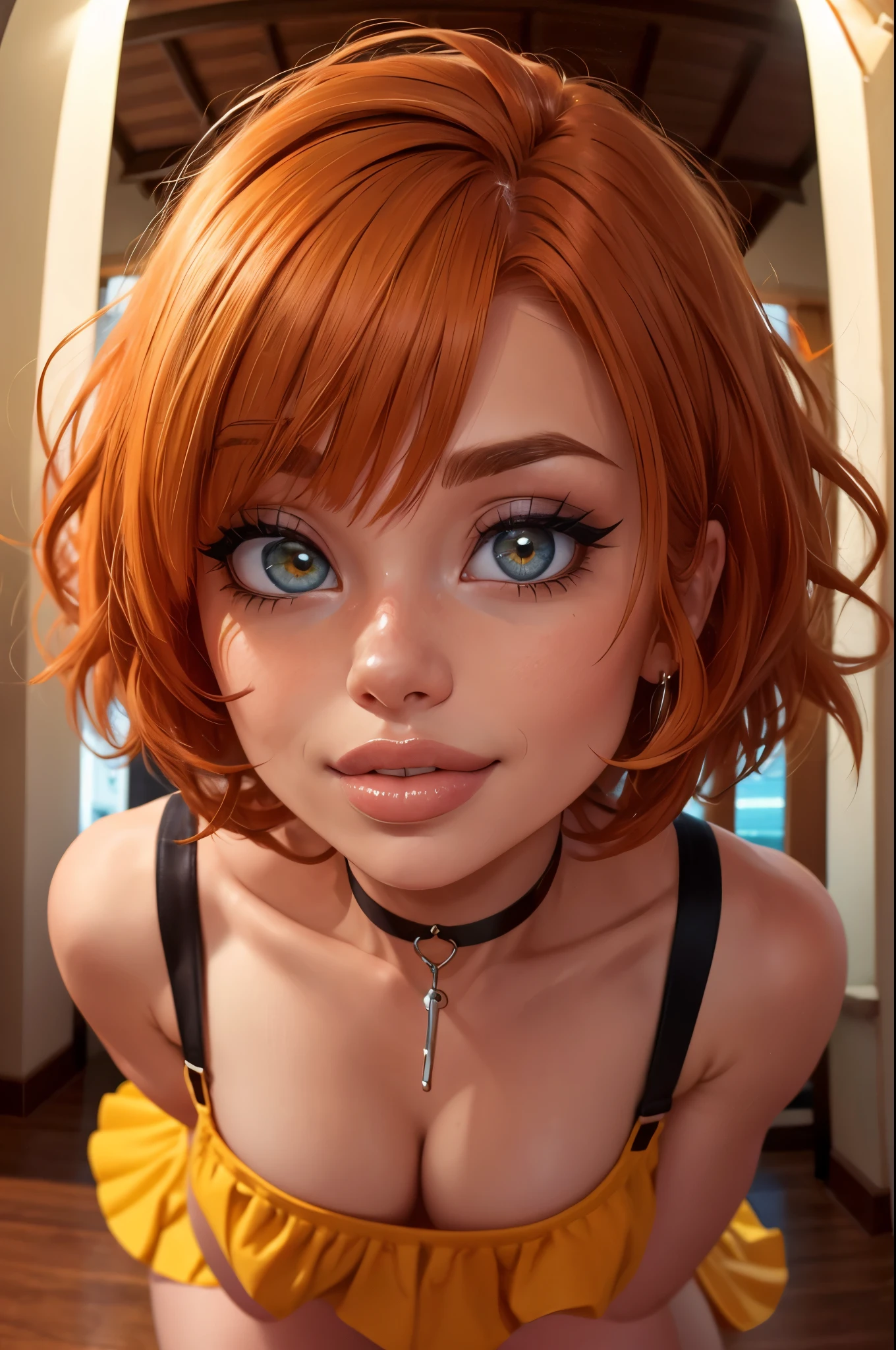 SFW, 1girl, big clear eyes, eye contact, (small breasts:1.2), red choker, wide view, parted lips, pulpy lips, bright orange hair, showing off skirt, short messy hair, bangs, highly detailed, soft tones, extreme detail, no background, (detailed textures:1.1),  dramatic light, happy smile, high Depth Of Field, slight fisheye lens