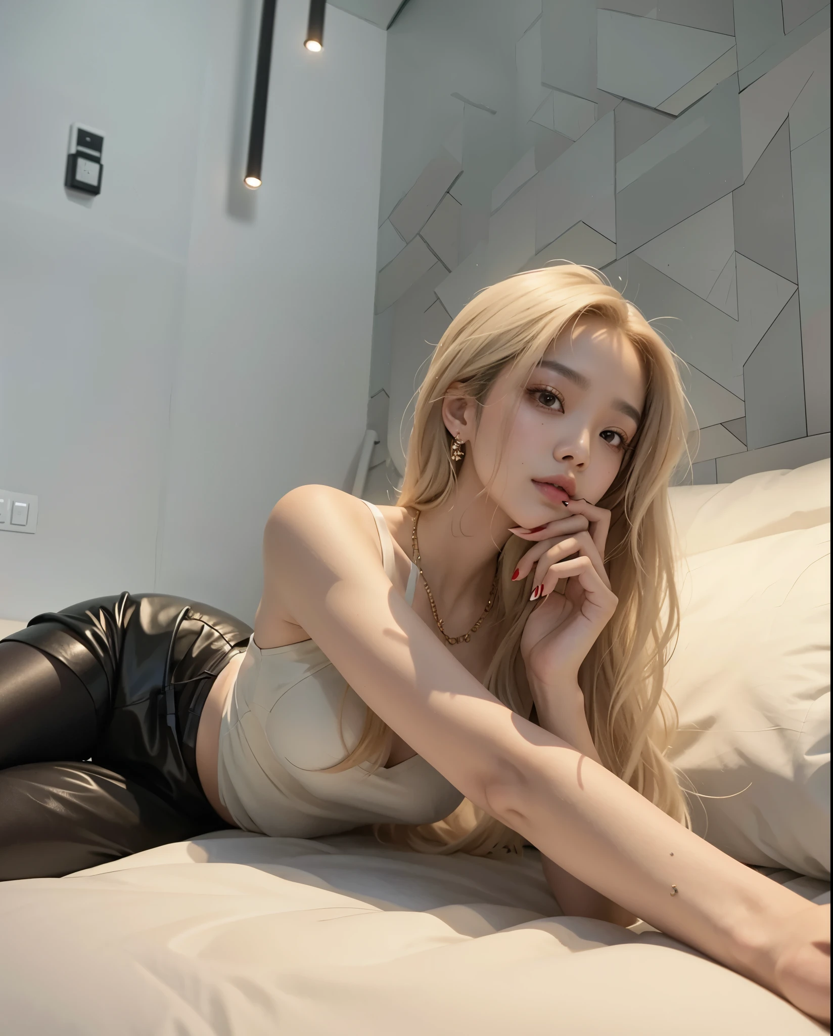 Jenny kim blonde girl, jennie loira, jenny kim, jennie kim do black pink, white  hair, long and blonde hair, pele white, white, big and fluffy lips, traditional korean idol makeup, girl with perfect skin, Korean woman lying in bed in a black hoodie taking selfie 