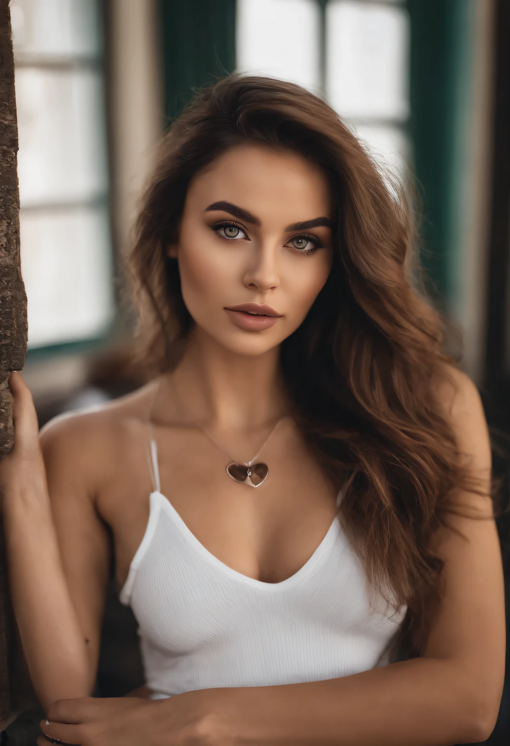 cropped woman with white tank top and necklace, fille sexy aux yeux verts, Portrait de Sophie Mudd, cheveux bruns et grands yeux, selfie d'une jeune femme, Yeux de chambre, Violette Myers, sans maquillage, maquillage naturel, regarder directement la caméra, visage avec artgram, maquillage subtil, stunning photo de tout le corps, Yeux verts perçants, porter une mini-robe noire moulante, photo de tout le corps