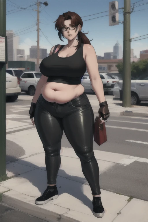 (masterpiece、highest quality:1.2), solo, anime woman, revy, 42-year-old, mature woman, milf, (Chubby figure:1.5), expressionless, ponytail, (Wearing: red tank top, fingerless gloves, black leather pants) cigarette, smoking, looking at the viewer, Sidewalks in the city
