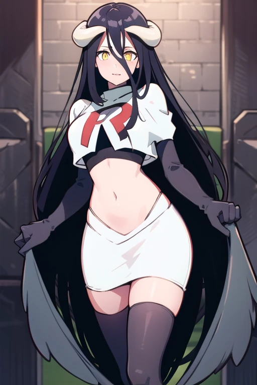 albedow, albedowings, medium breasts, long black hair, yellow eyes, looking at viewer, parted lips, cowbot shot, team rocket,team rocket uniform,white skirt,red letter R,crop top,black thigh-highs