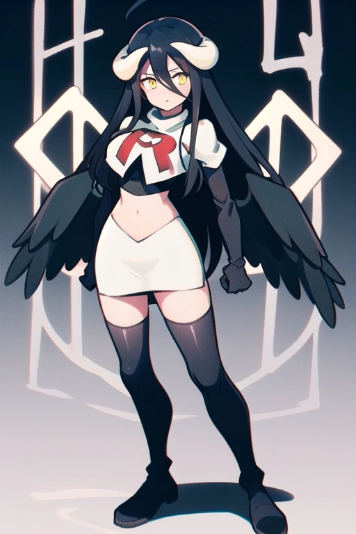 albedow, albedowings, medium breasts, long black hair, yellow eyes, looking at viewer, parted lips, cowbot shot, team rocket,team rocket uniform,white skirt,red letter R,crop top,black thigh-highs