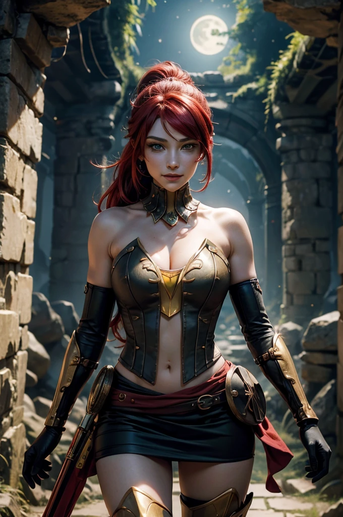 stunning girlfriend, heart shaped face, elegant face, beautiful face, highly detailed face, highly detailed skin, skin pores, subsurface scattering, realistic pupils, full lips, detailed background, depth of field, atmospheric perspective, volumetric lighting, sharp focus, absurdres, realistic proportions, good anatomy, (realistic, hyperrealistic:1.4), 16k hdr, ((best quality)), ((highly detailed)), absurdres, (detailed eyes, deep eyes), (1girl), full body, pyrrha nikos, rwby, red hair, ponytail, green eyes, medium breasts, smile, circlet, bustier, bare shoulders, skirt, elbow gloves, bracers, armored boots, night, stars, moonlight, standing, in entrance to cave, underground lake, rocks, crowd