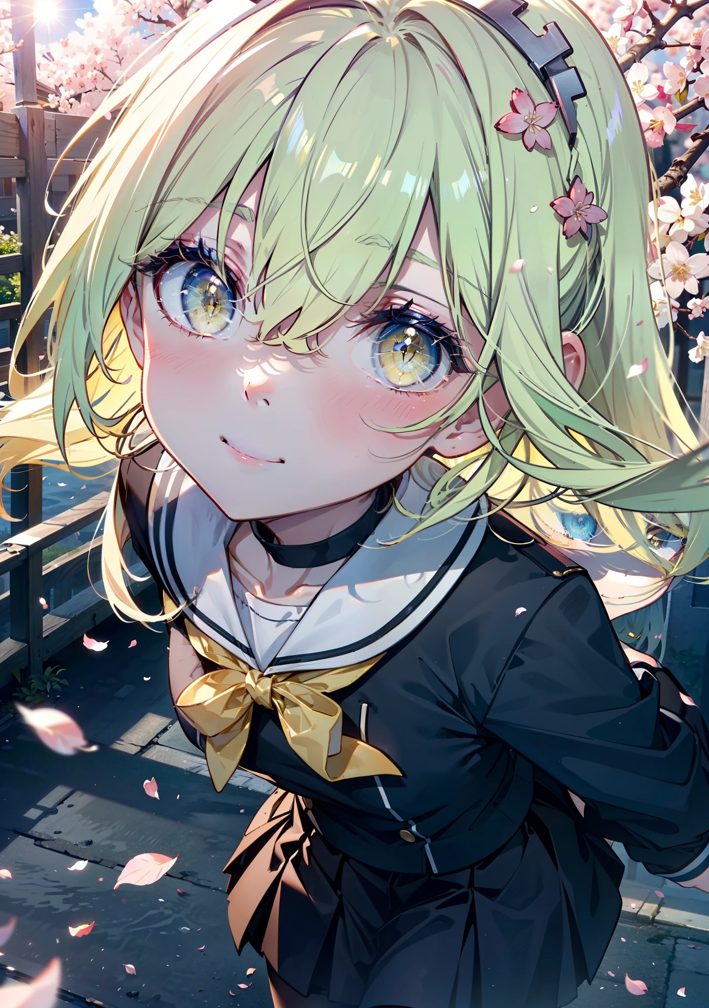 アイスWallenstein, Wallenstein, Blonde, Hair between the eyes, hair band, Long Hair, (Yellow Eyes:1.5),happy smile, smile, Close your mouth,smile,blush,Black Sailor Suit,Black pleated skirt,Black Pantyhose,Brown Loafers,morning,morning陽,The sun is rising,Cherry blossoms are blooming,Cherry blossoms are scattered,Cherry blossom tree-lined path,break looking at viewer, break outdoors,School School building, break (masterpiece:1.2), highest quality, High resolution, unity 8k wallpaper, (shape:0.8), (Beautiful and beautiful eyes:1.6), Highly detailed face, Perfect lighting, Highly detailed CG, (Perfect hands, Perfect Anatomy),