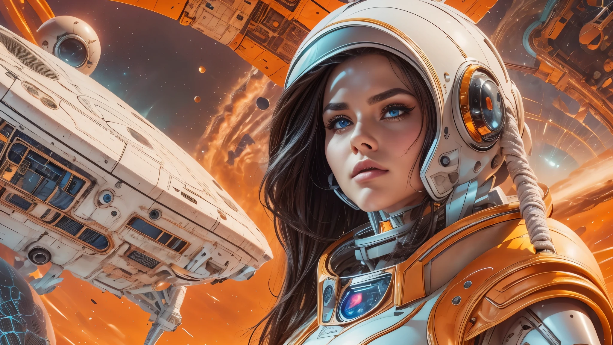 arafed image of a white woman in a futuristic suit with a spaceship in the background, movie art, in front of an orange background, inspired by Robert McGinnis, female protagonist, megastructure in the background, portrait of an ai astronaut, astronauts, an astronaut, portrait of a astronaut skeletor, perfect android girl, detailed eyes, perfectly detailed teeth, frank franzzeta and sakimichan