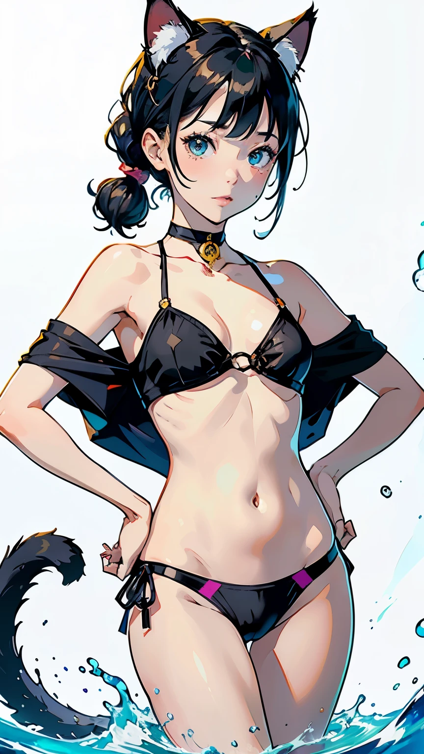 (highest quality, masterpiece, High resolution)、(Anime Art 4k)、(Concept Art)、Cinematic Light、Soft Light、(One girl)、(whole body)、(Hands on hips)、Black Hair、(Swimwear)、(bikini)、Colorful design、loose t-shirt、Off the shoulder、Cute and sexy、Cat ear、Bobcut、semi-long、Hair Bun、hair ornaments、choker、Captivating smile、Small breasts、(Cat Pose)、(play)、Cat jarashi、(Splash)、((White Background))、((Blank background))、