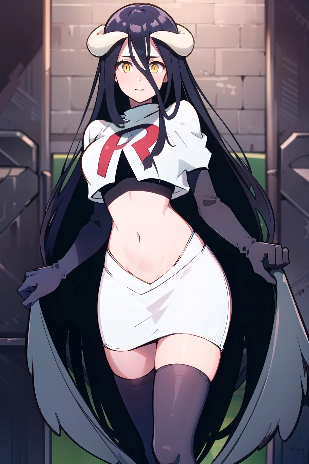 albedow, albedowings, medium breasts, long black hair, yellow eyes, looking at viewer, parted lips, cowbot shot, team rocket,team rocket uniform,white skirt,red letter R,crop top,black thigh-highs