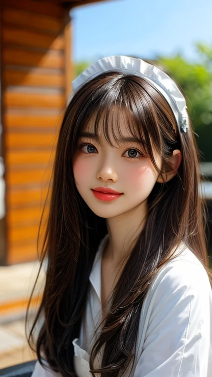 Best image quality, Focus, Soft light, Black hair, (Japanese)), (((Front, ))), (Depth of field), Ultra high resolution, (Real: 1.4), RAW photo, ((maid costume)), smiling face