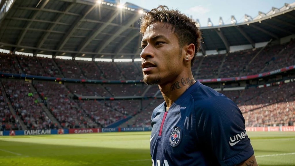 Neymar jr, comemorando um gol, background, campo de futebol, torcedores ao fundo, realista, psg, gritando, intenso, vibrando