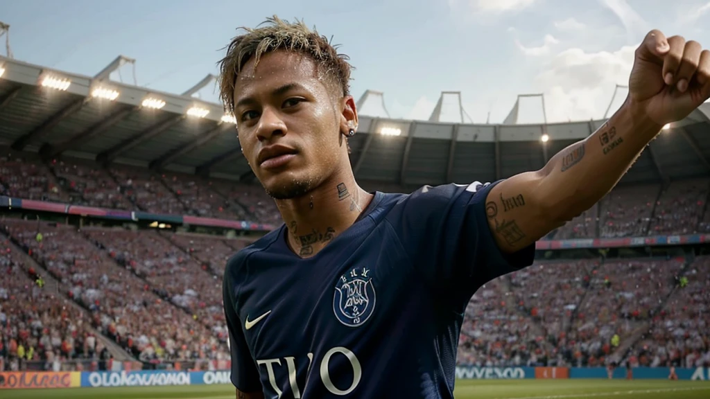 Neymar jr, comemorando um gol, background, campo de futebol, torcedores ao fundo, realista, psg, gritando, intenso, vibrando