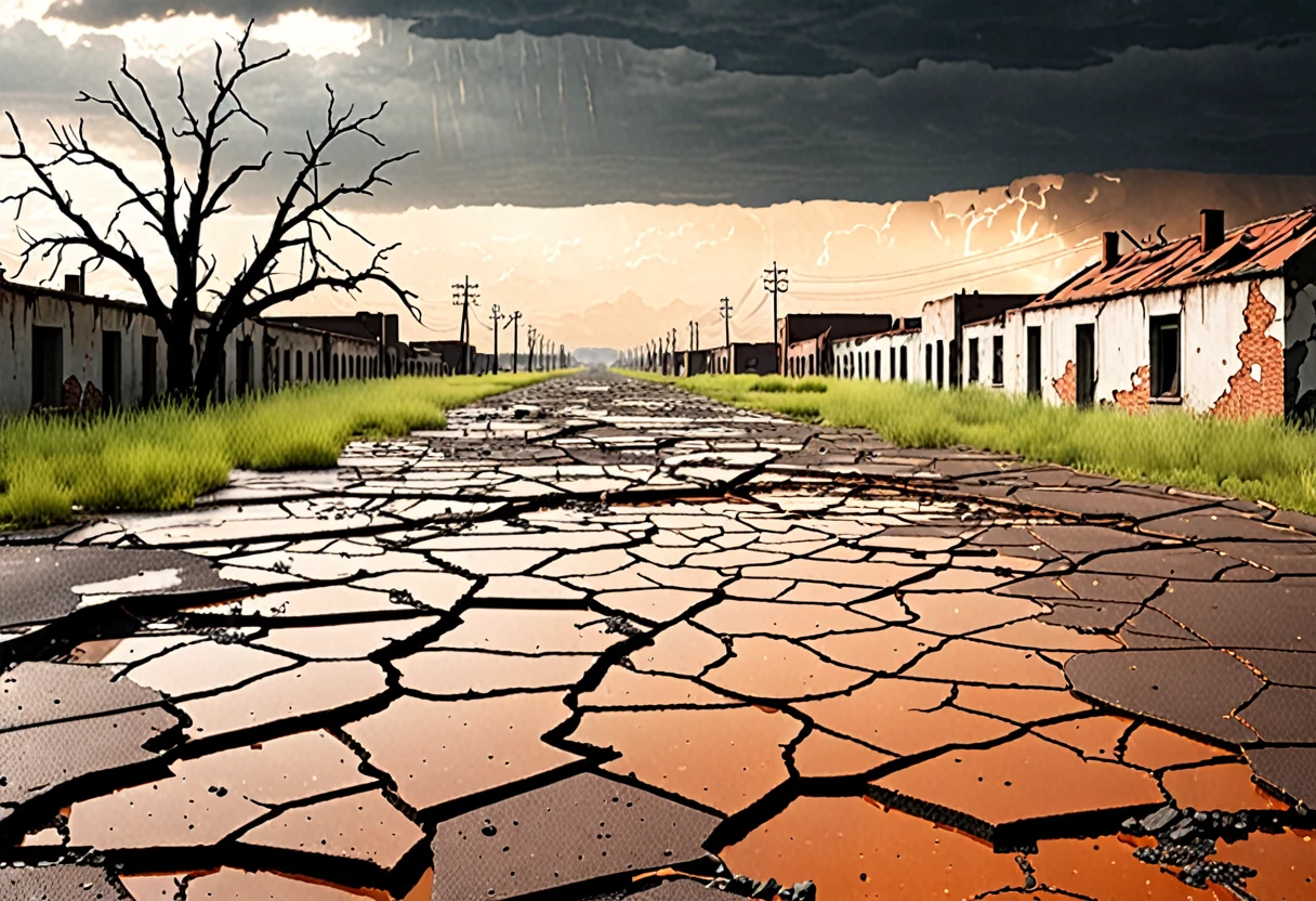 Create an image depicting a desolate landscape ravaged by the aftermath of an apocalypse. The scene should convey a sense of abandonment, decay, and devastation. Show ruined buildings, cracked roads, polluted skies, and scattered debris. Nature may be reclaiming parts of the landscape, with overgrown vegetation sprouting from cracks and crevices. The atmosphere should be bleak and ominous, evoking a feeling of desolation and hopelessness. Let the viewer feel the weight of the catastrophe that has befallen this world.