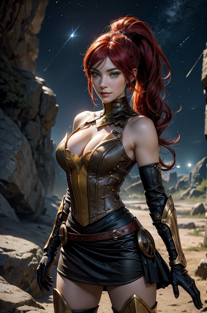 stunning girlfriend, heart shaped face, elegant face, beautiful face, highly detailed face, highly detailed skin, skin pores, subsurface scattering, realistic pupils, full lips, detailed background, depth of field, atmospheric perspective, volumetric lighting, sharp focus, absurdres, realistic proportions, good anatomy, (realistic, hyperrealistic:1.4), 16k hdr, ((best quality)), ((highly detailed)), absurdres, (detailed eyes, deep eyes), (1girl), full body, pyrrha nikos, rwby, red hair, ponytail, green eyes, medium breasts, smile, circlet, bustier, bare shoulders, skirt, elbow gloves, bracers, armored boots, night, stars, moonlight, standing, in entrance to cave, underground lake, rocks, crowd