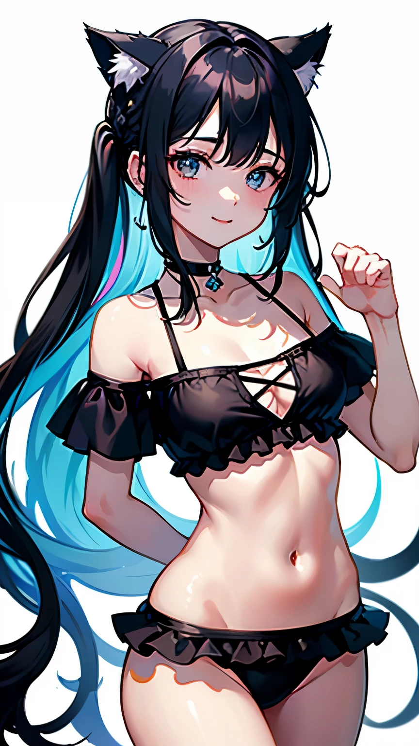 (highest quality, masterpiece, High resolution)、(Anime Art 4k)、(Concept Art)、Cinematic Light、Soft Light、(Two Girls、18 years old)、(whole body)、(Hands on hips)、Black Hair、(Swimwear)、(bikini)、Colorful design、loose t-shirt、Off the shoulder、Cute and sexy、Cat ear、Bobcut、semi-long、Hair Bun、hair ornaments、choker、Captivating smile、Small breasts、(Cat Pose、Beckoning)、(play)、Cat jarashi、splash、(Splash)、((White Background))、((Blank background))、