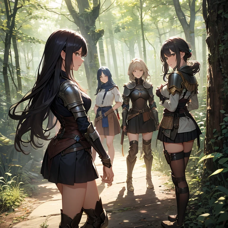 A group of  female medieval fantasy adventurers, (in forest), various hair styles, harem, night, details face, short skirt, seducing, sleeveless, armor