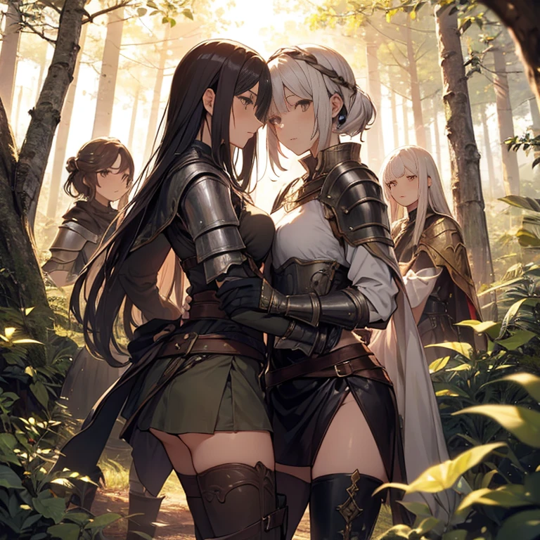 A group of female medieval fantasy adventurers, (in forest), various hair styles, harem, night, details face, short skirt, seducing, sleeveless, armor
