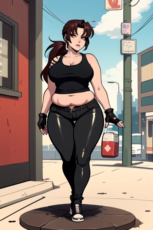 (masterpiece、highest quality:1.2), solo, anime woman, revy, 42-year-old, mature woman, milf, (Chubby figure:1.5), expressionless, ponytail, (Wearing: red tank top, fingerless gloves, black leather pants) cigarette, smoking, looking at the viewer, Sidewalks in the city
