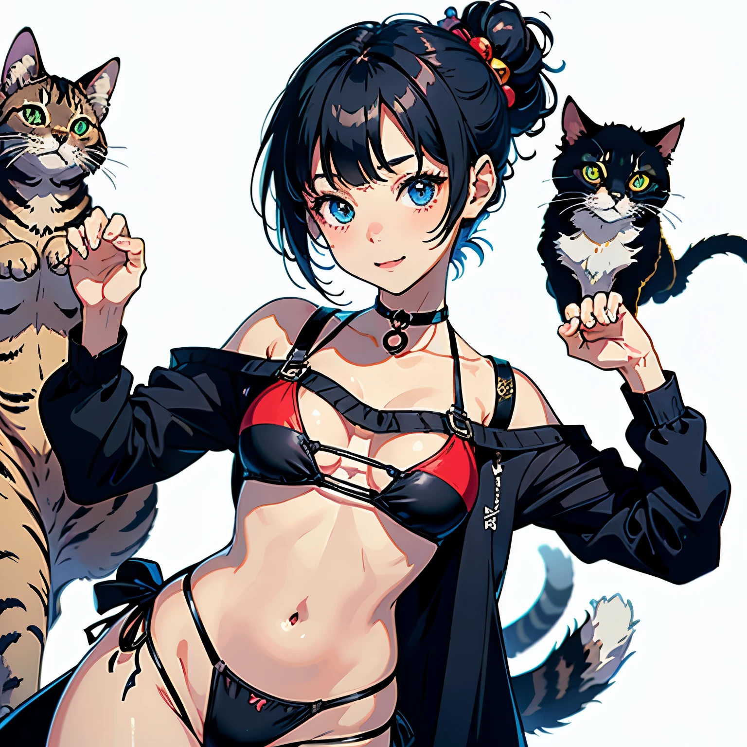 (highest quality, masterpiece, High resolution)、(Anime Art 4k)、Cinematic Light、Soft Light、(Two Girls、18 years old)、(whole body)、(Hands on hips)、Black Hair、(Swimwear)、(bikini)、Colorful design、loose t-shirt、Off the shoulder、Cute and sexy、Cat ear、Bobcut、semi-long、Hair Bun、hair ornaments、choker、Captivating smile、Small breasts、(Cat Pose、Beckoning)、(play)、Cat jarashi、((White Background))、((Blank background))、