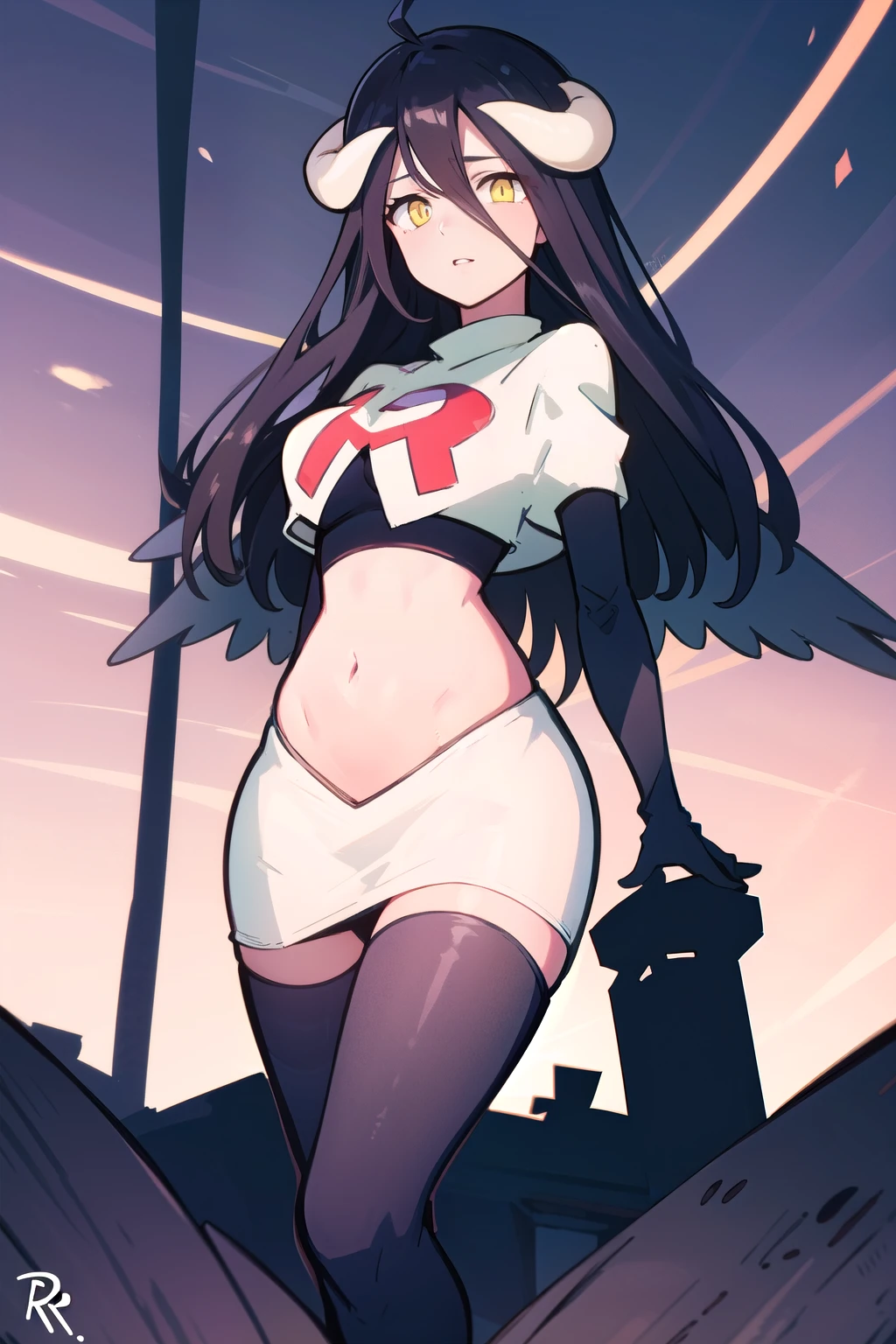 albedow, albedowings, medium breasts, long black hair, yellow eyes, looking at viewer, parted lips, cowbot shot, team rocket,team rocket uniform,white skirt,red letter R,crop top,black thigh-highs