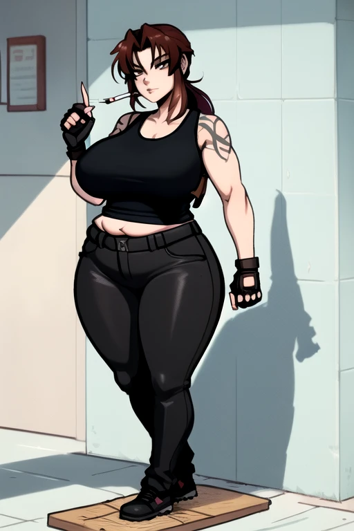 (masterpiece、highest quality:1.2), solo, anime woman, revy, 42-year-old, mature woman, milf, (Chubby figure:1.5), expressionless, ponytail, (Wearing: red tank top, fingerless gloves, black leather pants) cigarette, smoking, looking at the viewer, Sidewalks in the city