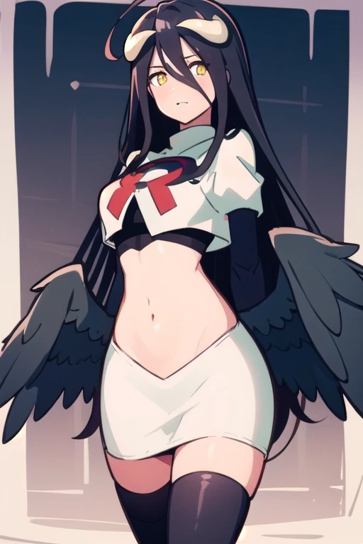 albedow, albedowings, medium breasts, long black hair, ahoge, yellow eyes, looking at viewer, parted lips, cowbot shot, team rocket,team rocket uniform,white skirt,red letter R,crop top,black thigh-highs