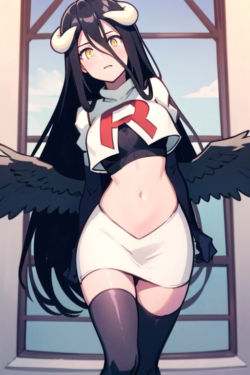 albedow, albedowings, medium breasts, long black hair, ahoge, yellow eyes, looking at viewer, parted lips, cowbot shot, team rocket,team rocket uniform,white skirt,red letter R,crop top,black thigh-highs