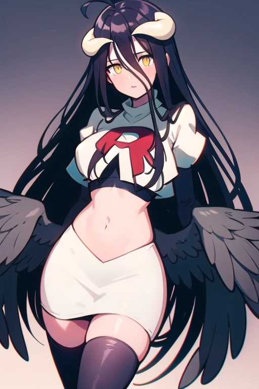albedow, albedowings, medium breasts, long black hair, ahoge, yellow eyes, looking at viewer, parted lips, cowbot shot, team rocket,team rocket uniform,white skirt,red letter R,crop top,black thigh-highs